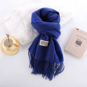Thick double-sided faux cashmere scarf, winter warm mid-long solid color tassel shawl