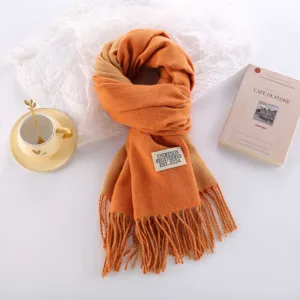Thickened double-sided imitation cashmere scarf, warm winter long fringe shawl detail view.