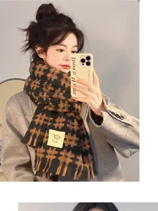 Korean style hash grid winter scarf for women, cozy warm tassel neck wrap for cold weather.