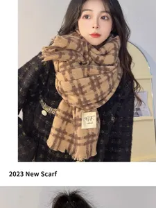 Korean style grid pattern knitted warm winter tassel scarf for women daily wear outdoor