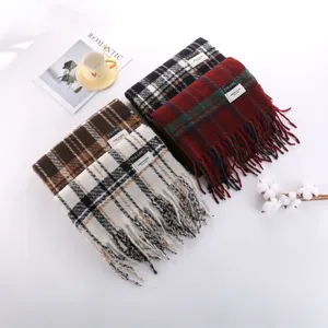 Cozy autumn winter plaid scarf for women, warm imitation cashmere retro thick neck wrap.