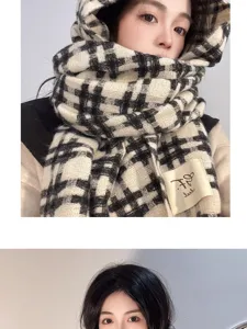 Classic black and white plaid hooded scarf for women, cozy winter warm shawl and neck warmer.