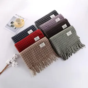 Classic plaid imitation cashmere winter scarf for women, thick long tassel shawl, cozy.