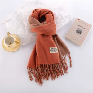 Detailed view of thick double-sided cashmere-feel winter scarf with elegant tassels and tag.