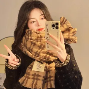Korean style plaid scarf for women, autumn winter cozy warm thick tassel shawl accessory.