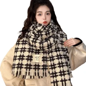 Women winter black and white plaid scarf, cozy warm grid shawl for cold weather daily wear.
