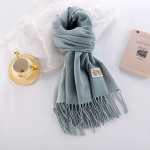 Thickened double-sided imitation cashmere winter scarf for women, warm and versatile blue shawl.