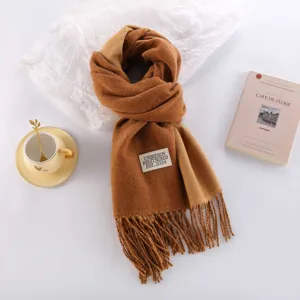 Thick double-sided cashmere-feel winter scarf for women, warm solid color fringe shawl.