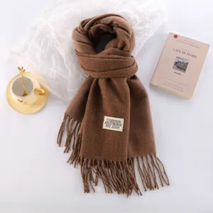 Thickened imitation cashmere scarf detail view, soft warm winter tassel neckerchief solid color