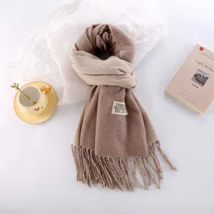 Detailed shot of a thick two-tone cashmere-feel winter scarf with elegant fringe design.
