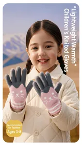 Kids winter knitted gloves featuring cute cat pattern and warm fleece lining for 3-8 years.