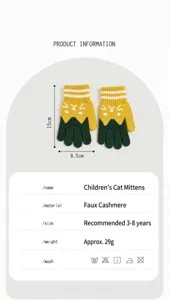 Kids winter warm knit gloves size details, cute cartoon cat jacquard design, soft plush material.