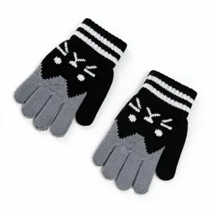 Detail view of children's winter knit gloves featuring a cute cat face design and stripes.