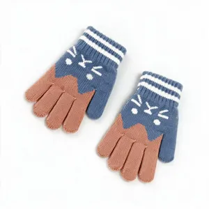 Cute kids winter warm knit gloves with cartoon cat face jacquard pattern, split fingers.