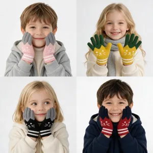 Kids Winter Warm Knit Gloves Cute Cartoon Cat Jacquard Fleeced Full Finger Magic Mittens For Boys Girls Everyday Outdoor Accessories