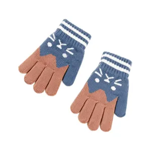 Kids winter warm knit gloves with cute cartoon jacquard design and striped cuffs pair view
