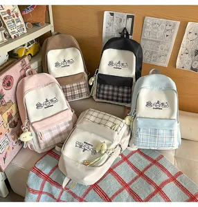 Detail view of aesthetic Japanese school backpack with plaid front pocket and cute prints.