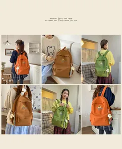 Casual canvas student backpack with cute print, large capacity travel school bag for girls.