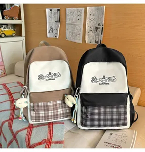 Cute college style canvas backpack with plaid pattern for students and teenage girls