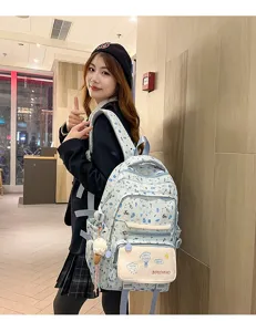 Dettaglio ravvicinato dello zaino da studente stampato azzurro indossato da una modella al chiuso.