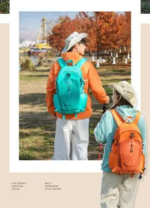 Detail view of lightweight outdoor hiking backpack with multi-compartment design for travel.