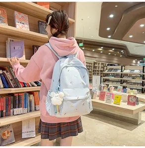 Fresh college style women backpack with cute embroidery and plush pendant for students daily use