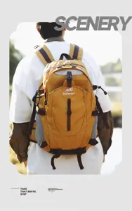 Outdoor hiking backpack detail view showing durable fabric and multiple storage straps.