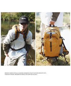 Outdoor travel hiking backpack detailed view, yellow and brown canvas with multi-pockets.