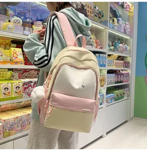 Zaino scolastico in tela rosa e beige carino per ragazze grande capacità casual