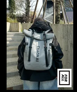 Stylish grey roll-top backpack for men and women, large capacity travel school bag.