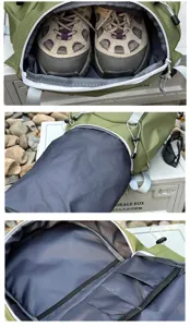 Detailed view of green outdoor hiking backpack showing shoe compartment and inner storage pockets.