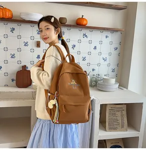 Detailed view of the Korean style college backpack with spacious design and cute print.