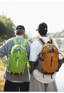 Outdoor backpack detail view showcasing multi-pocket design, durable straps and hiking use.