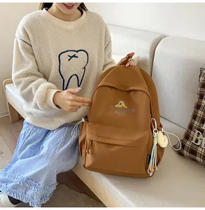 Korean style casual brown canvas backpack detail, student travel book bag with cute print.