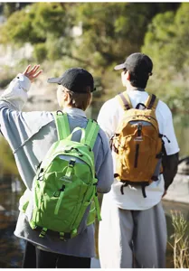Outdoor lifestyle scene detail showing backpack details, straps, and buckles in use.