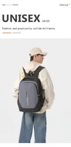 Grey and black casual backpack detail, unisex design with front zip pocket, daily commuter style.