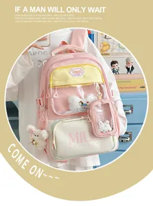 Detailed view of sweet Japanese style pink casual backpack with clear front window and cute pendant.