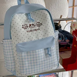 Japanese style cute plaid canvas backpack for teenage girls school bookbag daily casual use
