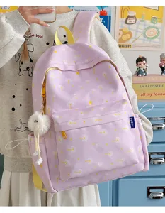 Cute purple dandelion print backpack for college students, lightweight sweet style school bag.