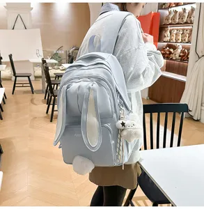 Cute Japanese bunny ear backpack for teenage girls school bag light blue casual daypack