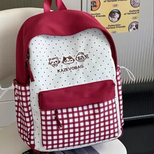 Cute Japanese ins style checkered backpack featuring polka dot pattern and cute cat embroidery.