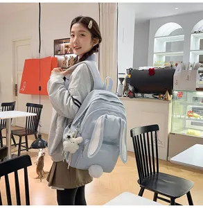 Cute bunny ear backpack casual school bag light blue daypack for teen girls daily use