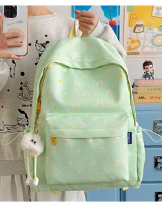 Sweet dandelion print backpack casual student school bag with cute plush pendant for daily use