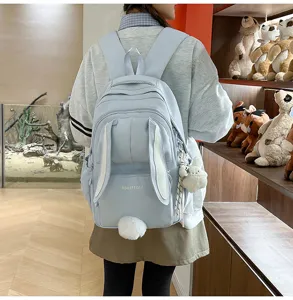 Cute bunny ears canvas backpack for school girls, casual light blue daily student book bag