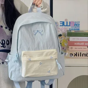 Japanese Style School Backpack For Women Teenage Girls Casual Waterproof Nylon Bookbag Cute Bowknot Embroidery College Daypack