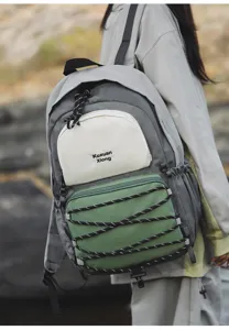 Detailed close-up view of the multi-pocket casual outdoor backpack in grey and green
