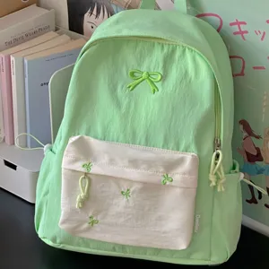 Japanese style ins green backpack for women cute bow embroidery school bookbag casual daypack