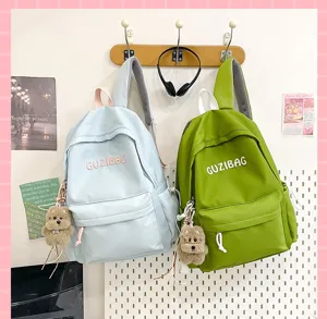 Japanese style embroidered student backpack, casual cute school bag with cute bear pendant.