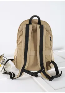 Casual khaki backpack for daily travel, featuring durable black straps and functional buckles.