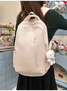 Pink casual school backpack detail, large capacity nylon daypack for travel and daily use.